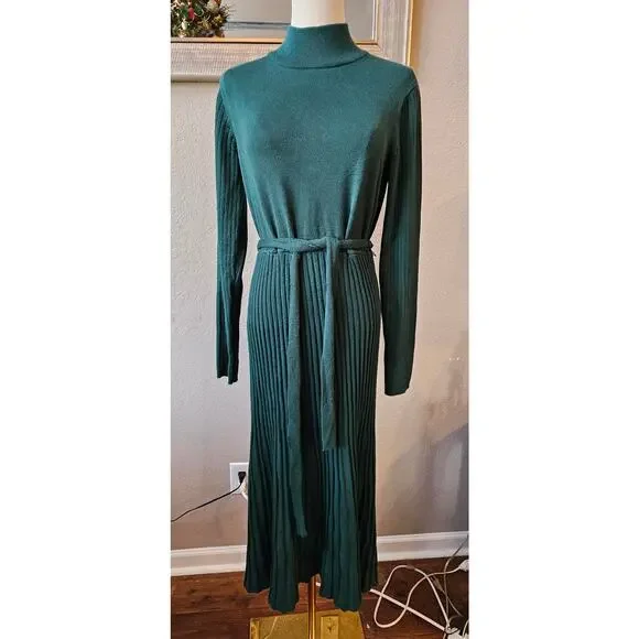 Sandra Darren Mock Neck Tie Waist Sweater Dress Women Size L Dark Green Ribbed - Picture 1 of 7
